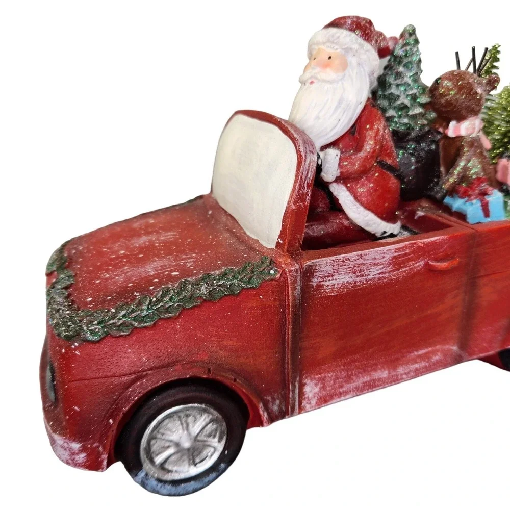 Santa Claus in a Red Truck Christmas Bottle Brush‎ Trees Folkart Distressed READ